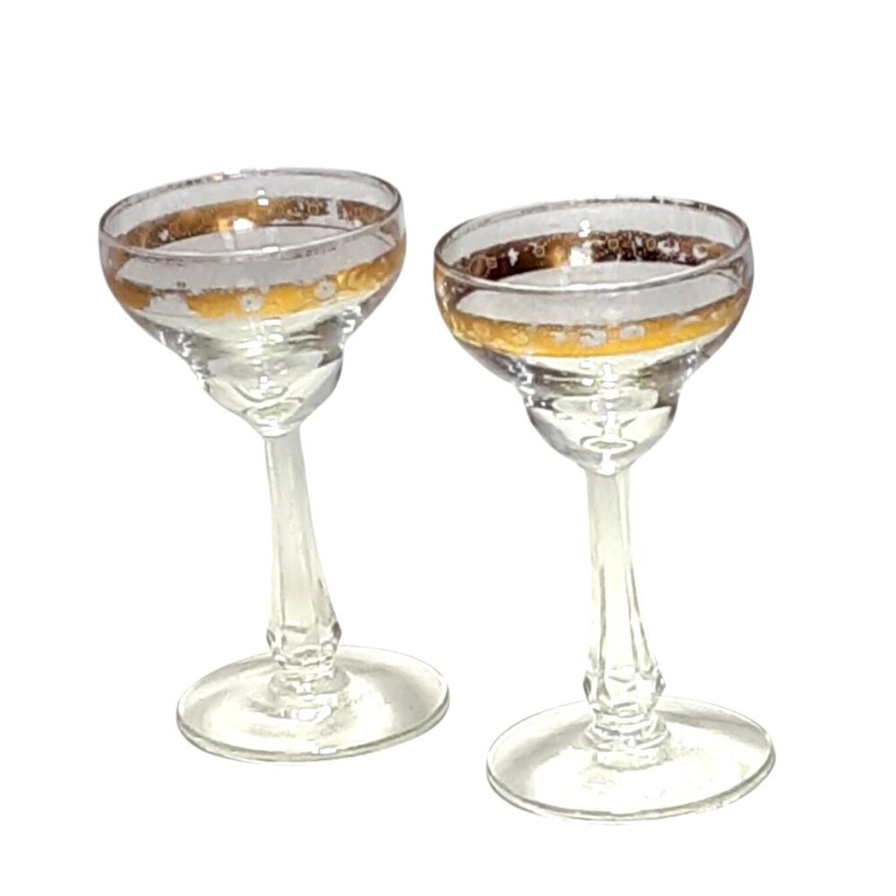 Vintage 2 Crystal Gold Band Glasses Sherry Cordial Shot Holiday